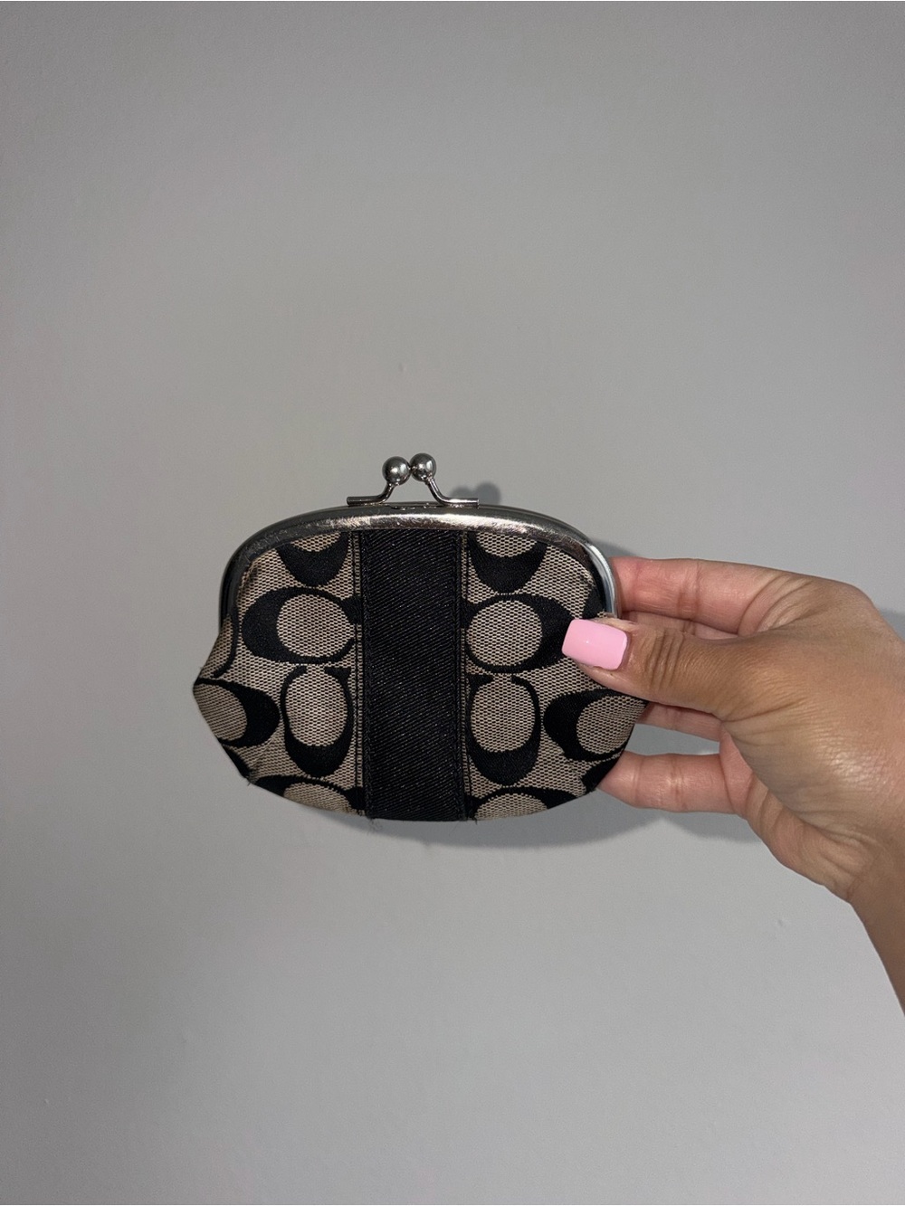 Coach Small Kiss-Lock Coin Purse in Black & Beige Signature Print